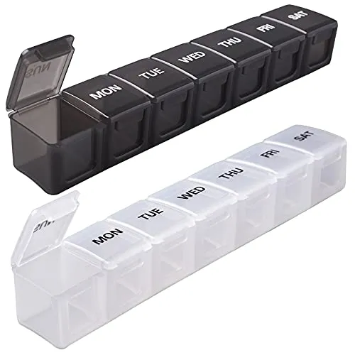 Tablettenbox 7 Tage,XL Groß Pillendose 7 Fächer,Leicht Zu Öffnen,2 Stück Medikamentenbox für Medikamente/Vitamine/Fischöl/Nahrungsergänzungsmittel(Schwarz)