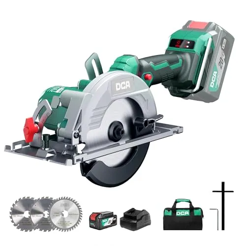 DCA Bürstenlose Akku-Handkreissäge 20V mit 4,0Ah Akku, 2-Gang 6700/4200RPM Kreissäge, 3 Sägeblatt Ø125mm mit Führungsschiene, 45mm(90°)/33mm(45°) Schnitttiefe, Mini Kreissäge für Holz, Plastik, PVC