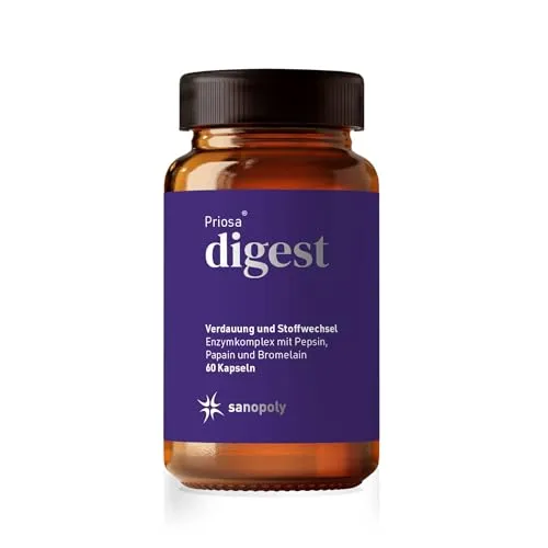 SANOPOLY Priosa® digest Verdauungsenzyme - 60 Kapseln - Pflanzlicher Verdauungskomplex mit Pepsin, Papain und Bromelain. Unterstützt Magen & Verdauung für ein besseres Wohlbefinden.