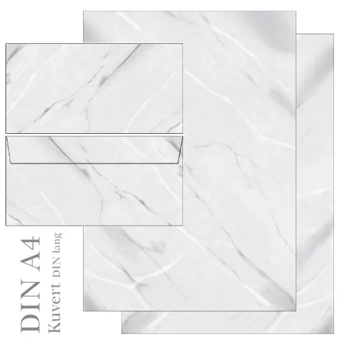 Motivpapier Marmor marmoriert grau/weiß beidseitig - Set 40-teilig 20 Blatt Briefpapier + 20 Stück Briefumschläge DIN lang ohne Fenster 5491+6491