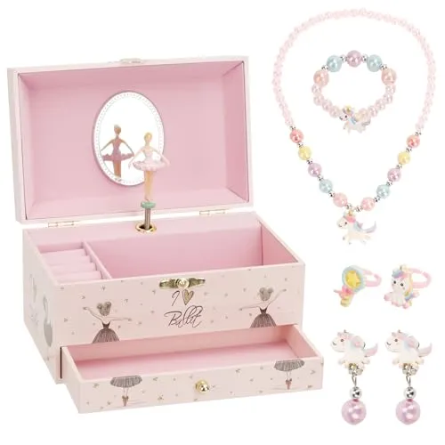 Schmuckkästchen Mädchen, Spieldose mit Ballerinamädchen, Schmuckaufbewahrung Kostenlos für Halskette Armband Ohrclip Ring, Mit Spiegel Schubladen Musik Schmuckbox, Kindergeburtstagsgeschenk Set 3-10
