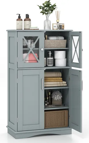 COSTWAY Wäscheschrank fürs Badezimmer - Badezimmerschrank mit 3 höhenverstellbaren Regalen und elegantem Design, sorgt für Ordnung und bietet sicheren Stauraum mit Kippschutz.