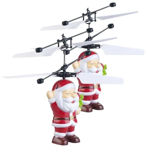 Simulus Weihnachtsmann Figuren: 2er Set Selbstfliegender Hubschrauber-Santa mit bunter LED-Beleuchtung (Hubschrauber Weihnachtsmann, Selbstfliegender, Fliegender)