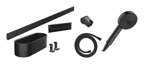 hansgrohe WallStoris Bundle Duschkopf 105 - 3 Strahlarten, wassersparend - Handbrausen Set mit Duschkopf, Duschstange und Accessoires in mattschwarz, flexibel zu befestigen und bei Bedarf wieder zu entfernen.