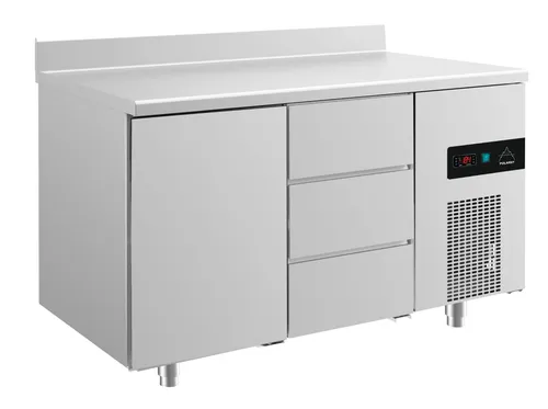 Gastro Kühltisch Umluftkühlung 1 Tür 3 Schubladen Aufkantung 1400x700x850mm
