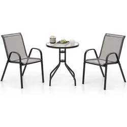 GOPLUS 3-teiliges Bistro Set mit 60cm Glastisch und 2 stapelbaren Stühlen – Grau