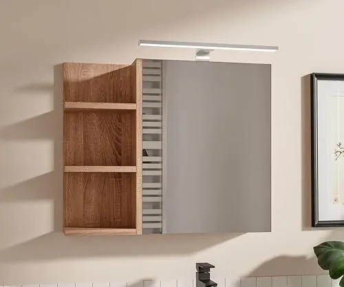 HAJDUK FURNITURE Eiche Sonoma Badezimmerschrank mit LED Beleuchtung, B:60 x H:50 cm Spiegelschrank Bad 1 Tür Hängeschrank Badezimmer Griffloser Öffnung Ablagen Links