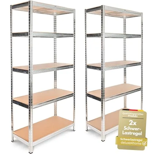 deluxe4home Schwerlastregal 2er Set - 40x90x180 cm, bis 875kg - Praktisches Schwerlastregal im 2er Set mit robustem verzinktem Stahl und MDF-Ablagen. Ideal für Keller, Garage oder als Raumteiler. Einfache Montage durch Stecksystem für individuelle Nutzung.