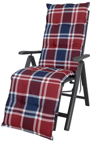 Sun Garden Sesselauflage Relaxliege Naxos 10539-100 - Sesselauflage für Relaxliegen, blau-rot kariert, mit verstellbarem Halteband und Bindebändern für optimalen Sitzkomfort, ideal für entspannte Stunden im Garten.