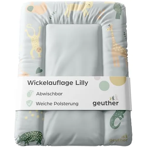 Geuther Wickelauflage Lilly 52 x 75 cm – Abwaschbar & Sicher - Die Geuther Wickelauflage Lilly bietet einen erhöhten Rand und Kopfschutz für maximale Sicherheit. Leicht abwischbar und in 15 Designs erhältlich, sorgt sie für hygienischen Komfort beim Wickeln. Ideal für Wickeltisch und -regal.
