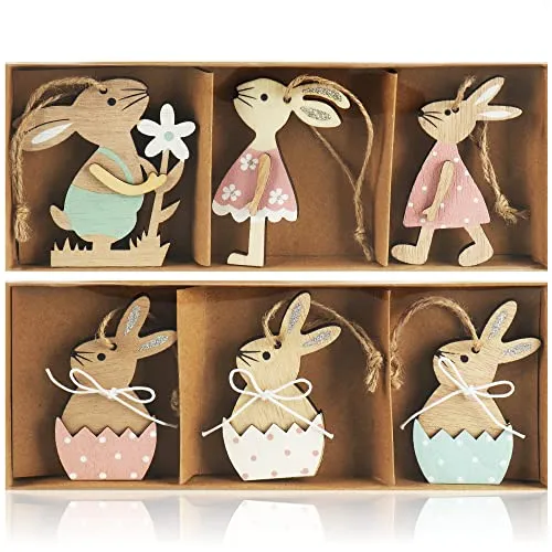 com-four® 6X Dekoaufhänger Hase - Osterschmuck aus Holz zum Aufhängen - Holzaufhänger für den Osterstrauß - Osterhase (6 Stück - Hasen)