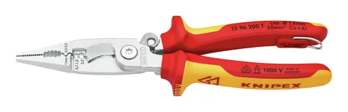 Knipex Elektro-Installationszange 13 96 200 T, 200mm - VDE Isoliert - Abisolierzange mit 6 Funktionen in einer Zange, ideal für Elektroinstallationen. VDE-geprüfte Isolierung für Sicherheit und Komfort. Made in Germany.
