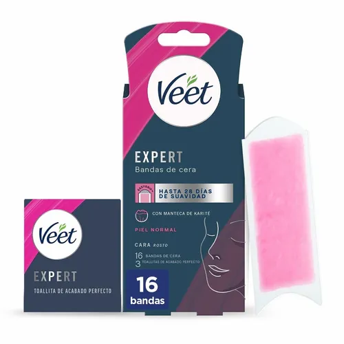 Veet Expert Gesichts-Enthaarungsstreifen [16 Stück] - Enthaarungswachs Zubehör, entfernt sanft unerwünschte Gesichtshaare für ein glattes Hautgefühl bis zu 28 Tage.