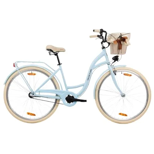 Goetze Style 28 Zoll Damen Citybike, 18 Zoll Tiefeinsteiger, 3-Gang Nabenschaltung, Rücktrittbremse und V-Bremse, LED-Beleuchtung, Rattankorb, Komfortsattel, mit Seitenständer & Klingel