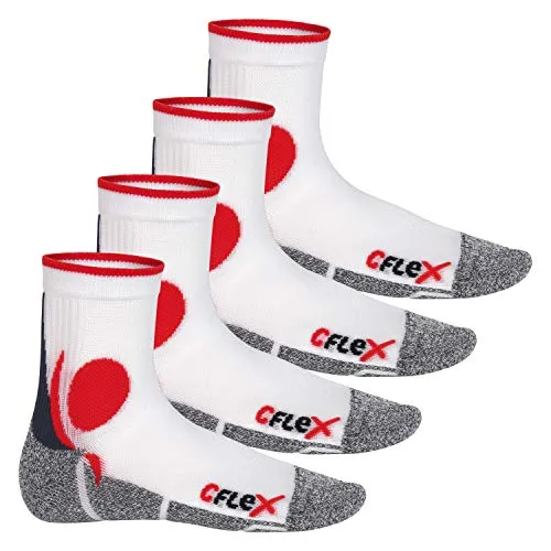 CFLEX Damen und Herren Running Funktions-Socken (4 Paar) - Weiss-Rot 43-46 - Sportsocken für Damen und Herren, ideal für mittlere bis lange Strecken. Mit feuchtigkeitsregulierendem Materialmix und anatomischer Form für höchsten Komfort und Schutz.