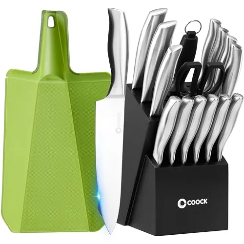 COOCK – 17-Teiliges Premium Messerset mit Messerblock & Faltbarem Schneidebrett – BPA- & PFAS-frei – Edelstahl Küchenmesser mit Schere & Wetzstahl – Kratzfest, langlebig & stilvoll