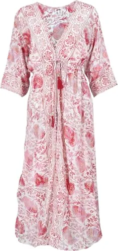 GURU SHOP Kimonokleid – Seidig Glänzender Boho Kimono in Rosa/Weiß für Damen - Luftiger und stylischer Kimono aus seidigem Stoff, perfekt für den Sommer. Mit Tunnelzugband für individuelle Passform, ideal kombinierbar mit Jeans oder Shorts.