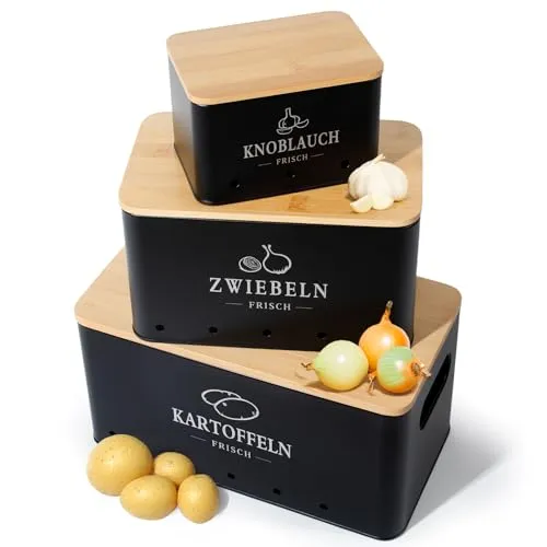 GREELUE Kartoffel Aufbewahrungsbox 3er Set, 360° Luftzirkulation für längere Frische, Für Zwiebeln, Kartoffeln, Knoblauch Schwarz