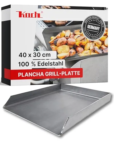 Koch Universal Grillplatte aus 100% Edelstahl - 40 x 30 x 4cm - Plancha für alle Grillarten - Gleichmäßige Hitzeverteilung & auslaufsichere Ecke - Rostfrei & bis zu 500°C hitzebeständig #42