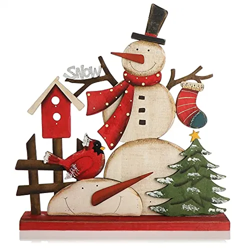 com-four® Dekorativer Aufsteller für Weihnachten - Schneemann aus Holz zum Hinstellen - Weihnachtsdekoration zum Verzieren und Verschenken (Schneemann mit Vogelhaus)