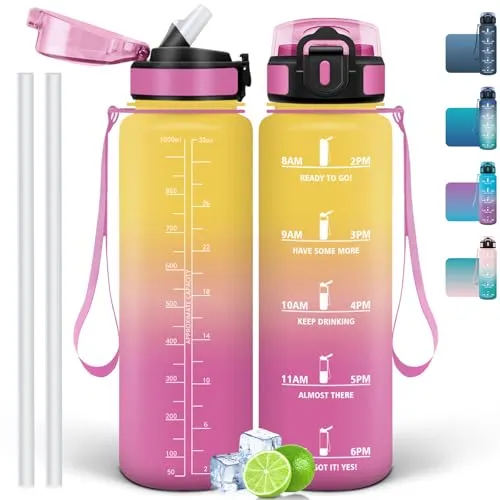 Mulbijeo Trinkflasche 1000 ml, Auslaufsicher, Wasserflasche BPA-Frei, Motivierende mit Zeitmarkierung, Trinkflasche mit Strohhalm Gelb & Pink
