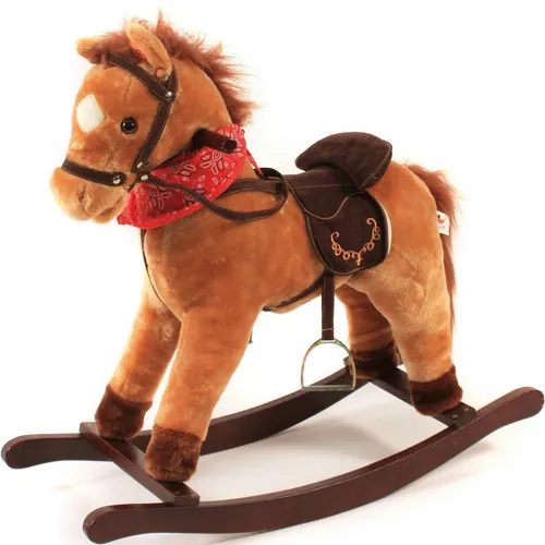 Bayer Chic 2000 Schaukelpferd Cowboy - braun - Schaukelpferd aus hochwertigem Plüsch mit goldbraunem Fell und einer Sattelhöhe von 46 cm. Ideal für Kinder, fertig montiert geliefert, nur Haltegriffe anbringen. Maße: 75 x 30 x 71 cm.