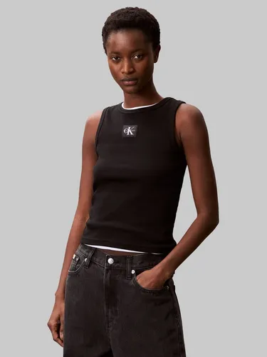 Calvin Klein Damen Tank Top Woven Label Cotton Rib mit Logo, Schwarz (Black), S - Tanktops & Träger-Tops für Damen, hochwertiges Material aus 95% Baumwolle für hohen Tragekomfort und minimalistisches Design, ideal für Freizeit und Bürolooks.