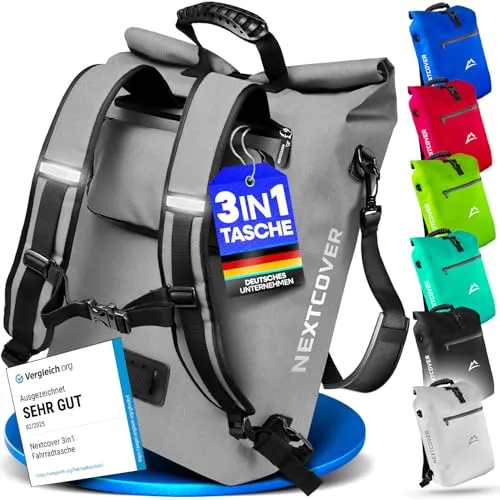 Nextcover® NEU 3in1 Fahrradtasche für Gepäckträger - Fahrradtaschen – Vielseitige 3in1 Tasche als Gepäckträgertasche, Rucksack oder Umhängetasche, 100% wasserdicht und mit optimalem Tragekomfort für jeden Einsatz.