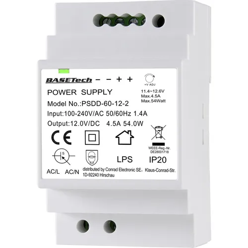 Basetech DIN Rail Netzteil PSDD-60-12-2 - Netzteil für Hutschienen, bietet optimalen Schutz vor Kurzschluss und Überspannung mit automatischer Rückstellung. Ideal für vielseitige Anwendungen durch kompakte Bauweise.