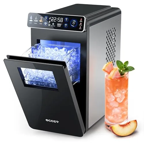 ecozy Eiswürfelmaschine Klein, Kompakt mit Farbdisplay, 24-Stunden-Timer | 12KG/24H, Eiswürfel in 6 Minuten, 2 Eiswürfelgrößen, Selbstreinigende Ice Maker für Zuhause, Küche, Büro, Bar, Party, Camping