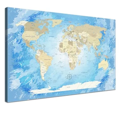 LANA KK - Premium Pinnwand Weltkarte - Frozen - Deutsch - in 100 x 70 cm, stabile Rückwand zum Pinnen inkl. Starterkit - Leinwand-Kunstdruck Wandbild Landkarte XXL