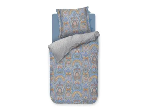 Pip Studio Bettbezugsset Jabali Flower Blau 155x220cm - Bettbezüge: Elegantes Design mit dekorativen Blumenbögen und stilisiertem Fliesenmuster auf der Rückseite für ein stilvolles Schlafzimmer.