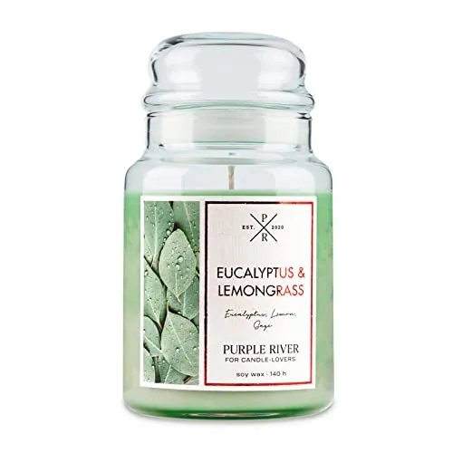 Purple River Große Duftkerze im Glas | Eucalyptus & Lemongrass - Kerzen im Glas mit 623g Sojawachs für bis zu 140 Stunden langanhaltenden Duftgenuss. Belebender Eukalyptus und spritzige Zitrone schaffen eine entspannte Atmosphäre in Ihrem Zuhause.