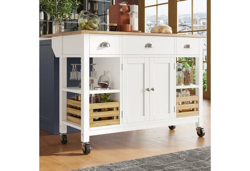 Okwish Kücheninsel aus Holzwerkstoff, Weiß, klappbar, 120x90x45 cm - Moderne Kücheninsel mit flexibler, klappbarer Tischplatte und viel Stauraum. Ideal für kompakte Küchen und offene Essbereiche, mobil durch 360° Rollen.