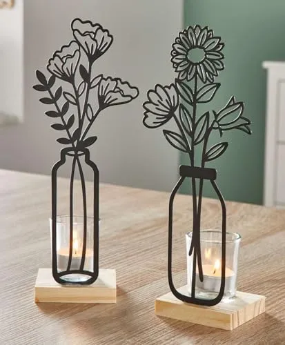Dekoleidenschaft 2X Teelichthalter Metallblumen - Teelichthalter im 2er Set, 27 cm hoch, aus mattschwarzem Metall mit naturbelassenem Holzsockel – ideal für stimmungsvolle Beleuchtung in jedem Raum.