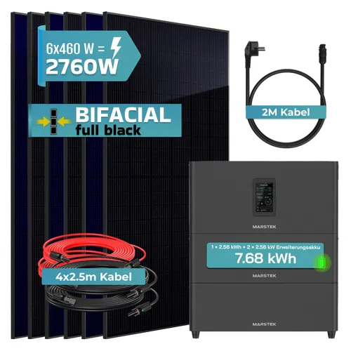 SUNNIVA® 2760W Balkonkraftwerk mit 7,68 kWh Speicher - Kompakte Solaranlage mit 2760 W Leistung, ideal für Balkon oder Garten. Inklusive Marstek Jupiter C + Plus Speicher und 6 bifazialen Solarmodulen für effiziente Energieerzeugung.