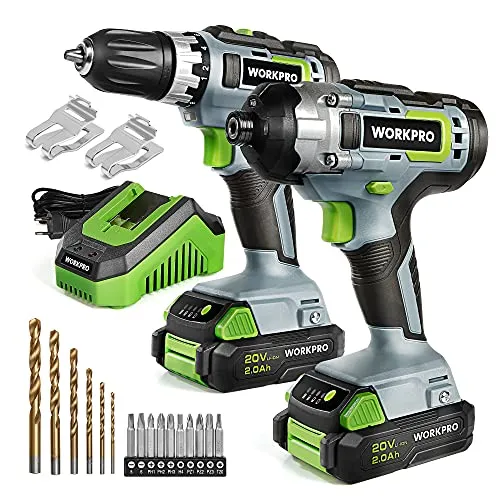 Produktbild WORKPRO 2tlg. Akkuschrauber Schlagschrauber Set 20V 2,0Ah, 2 Akku und Ladegerät inkl. mit 6tlg. Bohrer und 10tlg. Schrauberbit
