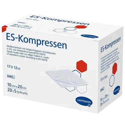 Es-kompressen steril 10x20 cm - Großpackung 12 Stück - Wundversorgung mit 12 steril verpackten Es-kompressen 10x20 cm von Paul Hartmann AG, ideal für eine sichere und hygienische Behandlung von Wunden.