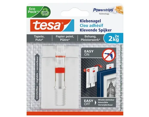 Tesa Klebenagel 77777 Powerstrips – Höhenverstellbar für Tapete und Putz - Befestigungen für Bilder – Ideal für raue Oberflächen, wiederverwendbar und spurenlos ablösbar, perfekt zum Aufhängen ohne Bohren.