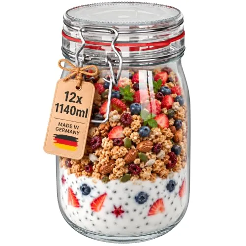 WELLGRO 12x Einmachgläser mit Bügelverschluss 1140ml von Wellgro