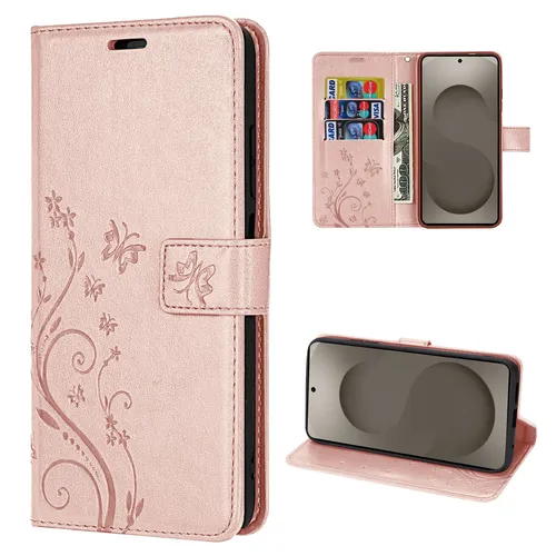Hülle für Samsung Galaxy S26 Ultra Handyhülle mit Kartenfächern Blume Rosegold