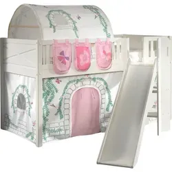 Kinderbett mit Rutsche Karyl aus Massivholz - Weiß und Birdy-Design - Halbhohes Spielbett mit Rutsche aus der Karyl-Serie. Stilvolles Design, gefertigt aus robustem Massivholz. Ideal für kreatives Spielen und Schlafen mit sicherem Absturzschutz.