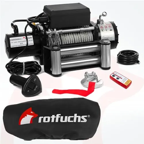 ROTFUCHS Elektrische Seilwinde 12V mit Funkfernbedienung - Elektrische Winden für Offroad und Forst, 5909 kg Zugkraft, inklusive wasserabweisender Schutzhülle für optimalen Schutz und vielseitigen Einsatz.