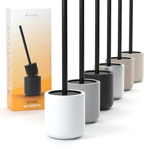 SAVEGA - Klobürste Edelstahl Silikon - Toilettenbürste mit Halter im Set - WC Bürste mit antibakteriellem Kopf - WC Garnitur - Eleganter Klobürstenhalter - Toilet Brush (Weiß)