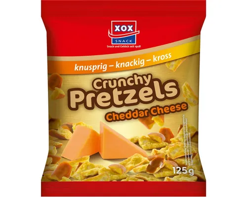 XOX Crunchy Pretzels Cheddar Cheese 125g 9er Pack - Snacks: Hauchdünn gebackene Brezelstücke mit feinem Cheddar-Geschmack, ideal zum Dippen oder als knusprige Beilage – perfekt für jeden Snack-Moment!