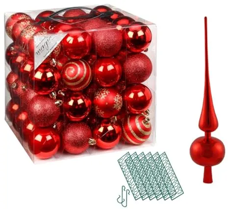 JACK 64x Kunststoff Christbaumkugeln Ø 6cm + Spitze 28cm inkl. Aufhänger Dekor Kugeln Set Weiß Rot Gold Grün Blau Silber, Farbe:Red-Mix