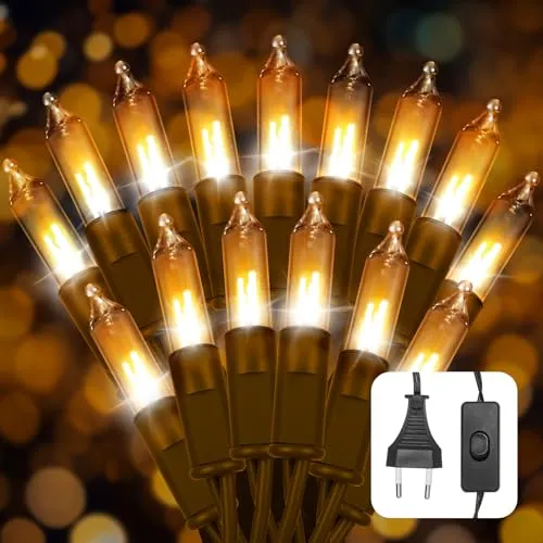Ciskotu Lichterkette Innen Warmweiß mit Stecker, 8.85M 50Lichter Mini Glühbirne Lichterkette Innen Außen Deko mit Schalter, Geeignet für Raum, Weihnachten, Party, Garten, Camping(Schwarze Linie)