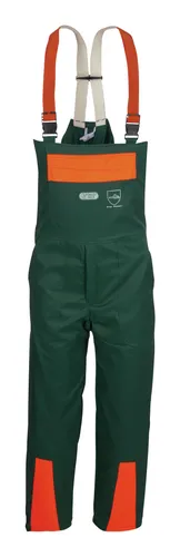 Forest Jack Schnittschutzlatzhose Des.A, Cl.1,58, grün/orange - Schnittschutz-Latzhose für Forstarbeiter, bietet optimale Sicherheit und Komfort bei der Arbeit im Freien.