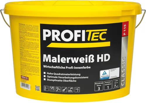 PROFITEC P115 Malerweiß HD 5 l - Hochwertige Innenfarbe für Renovierungen, emissionsminimiert und wasserverdünnbar. Ideal für mittlere Beanspruchung auf verschiedenen Untergründen, mit hervorragendem Deckvermögen und leichter Verarbeitung.