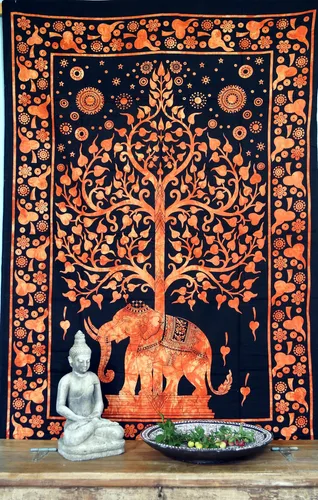 Boho Style Wandbehang, indische Tagesdecke - Tree of Life Elefant / orange